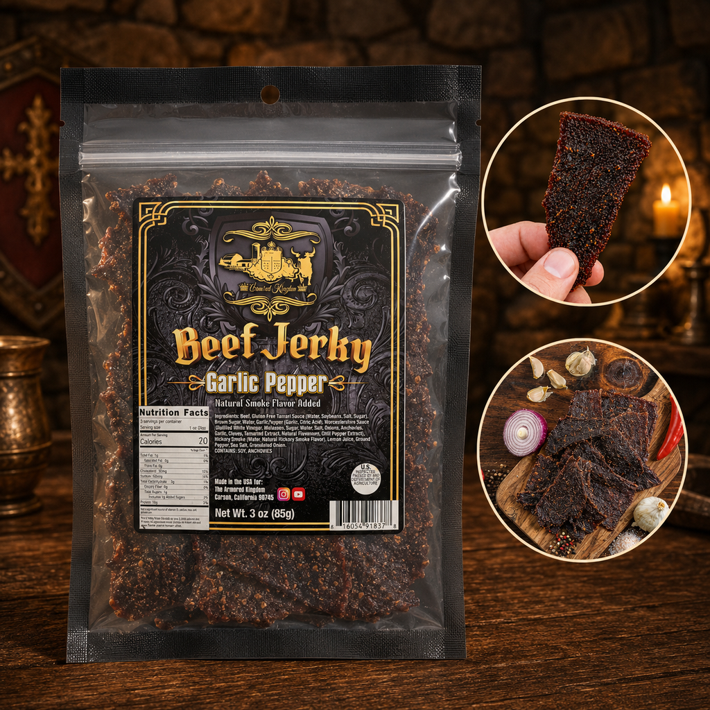 The Armored Kingdom Gourmet Garlic Pepper Beef Jerky-3oz of Delicious Protein Filled Snack- Dried Snack-Meat