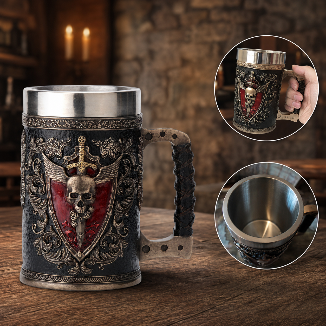 The Armored Kingdom Medieval Red Skullblade Mug-15oz Stainless Steel Novelty Design Skull Mug