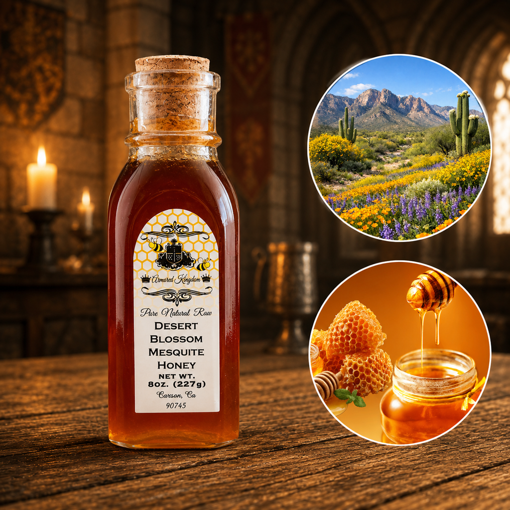 The Armored Kingdom Premium Desert Blossom Mesquite Honey Bottle-8oz-Sweet-Raw-Natural-Natural Sweetner
