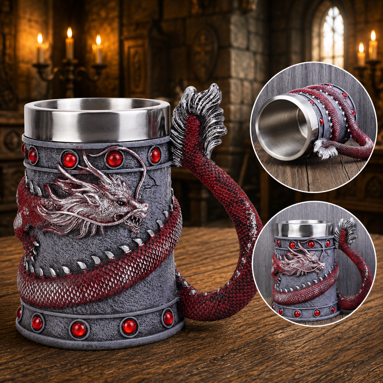 The Armored Kingdom Crimson Red Wrapped Dragon Mug-Eye Catching Design-Stainless Steel Interior