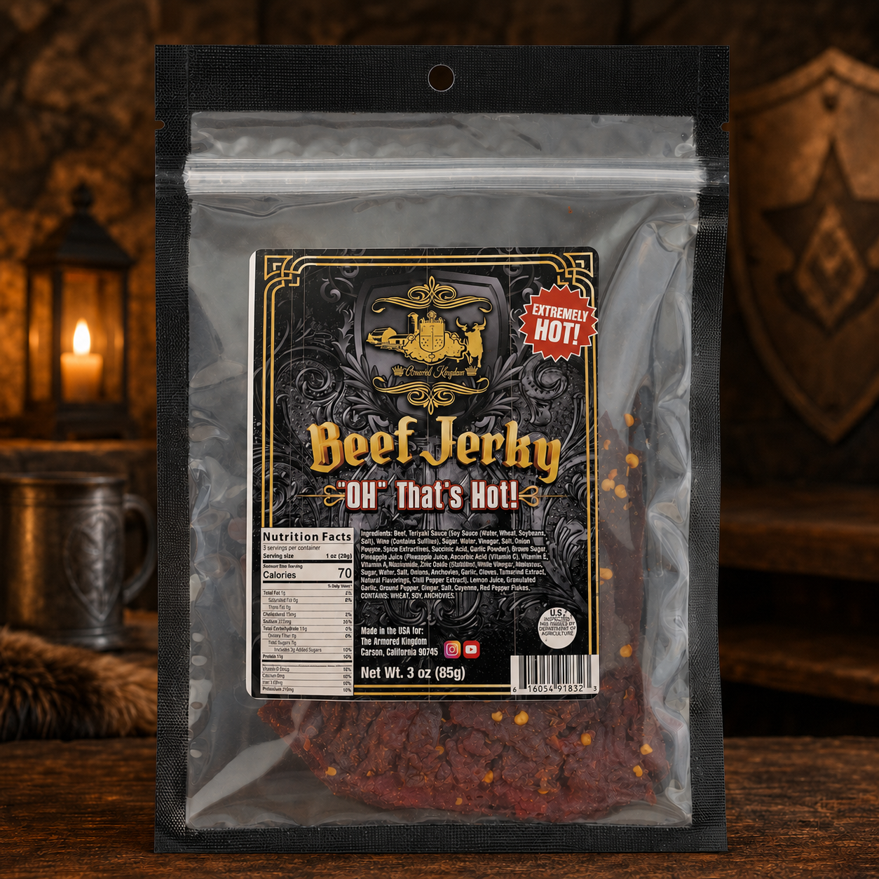 The Armored Kingdom Gourmet "OH" That's Hot! Beef Jerky-3oz-Protein Dried Savory Meat with Cayenne Pepper-Teriyaki Sauce-USDA Inspected