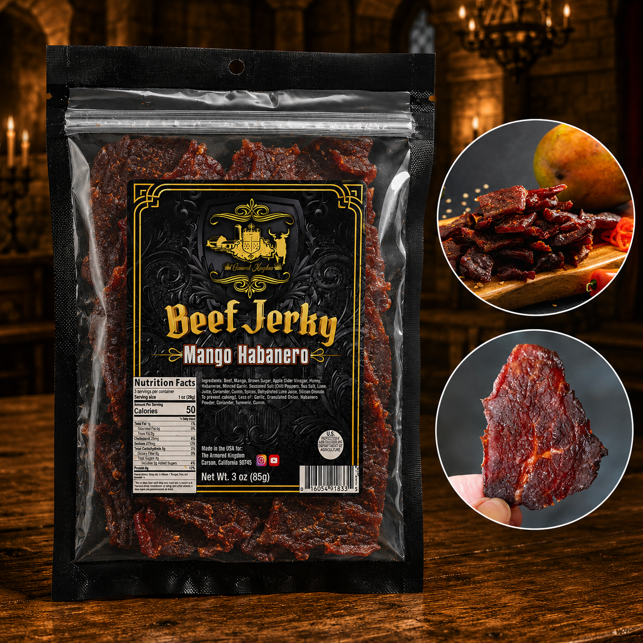 The Armored Kingdom Gourmet Mango Habanero Beef Jerky-3oz High Protein Spicy Dried Meat Snacks , Real Mango Fruit Used, High Protein Snack, Dry