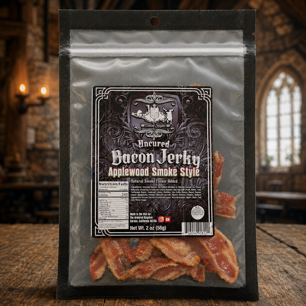 The Armored Kingdom Gourmet Applewood Smoke Style Bacon Jerky Bag-USA Made-Delicious Protein Snack-Ready to Eat Tender Snack-Premium Bacon
