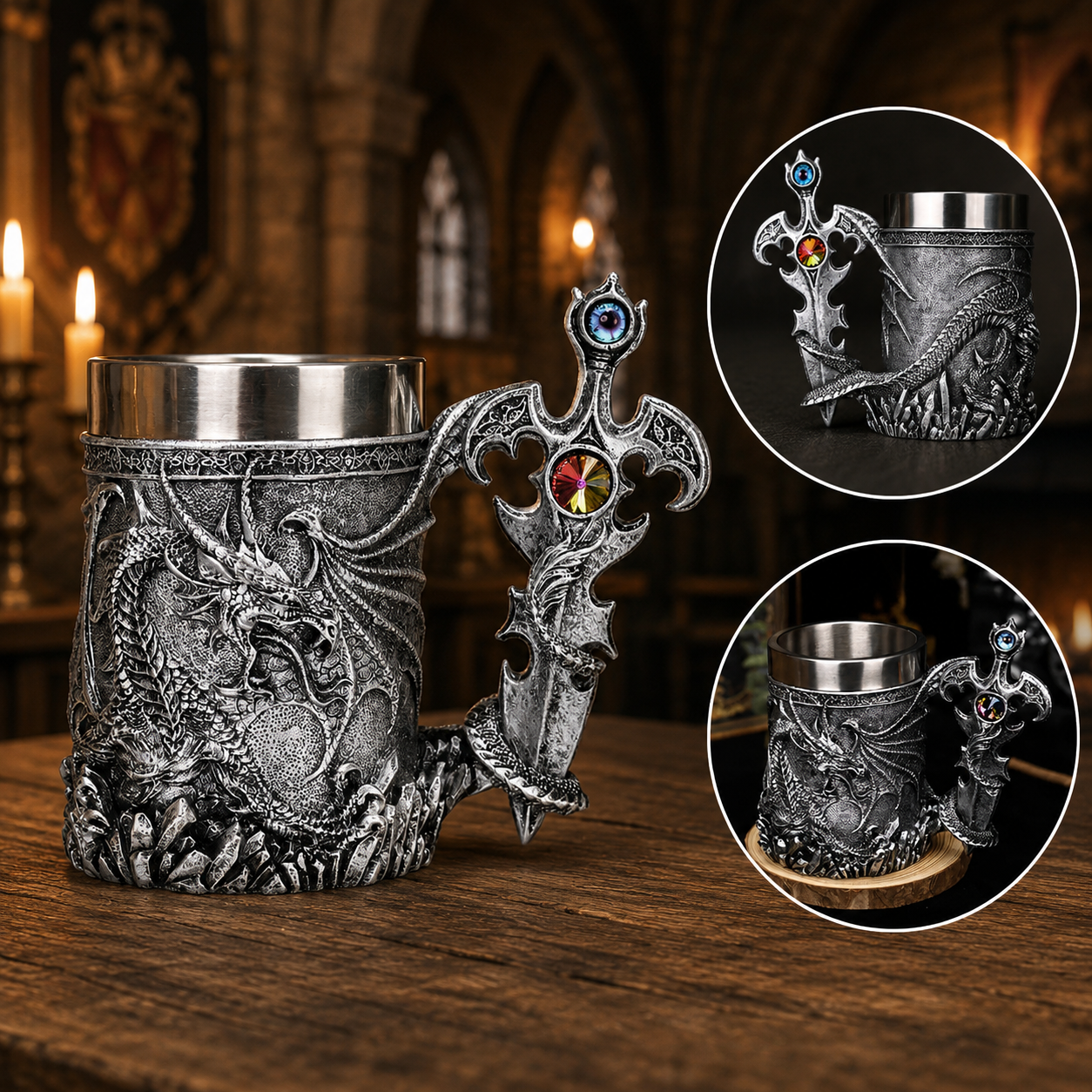 The Armored Kingdom Silver Sentinel Dragon Mug-Fantasy-Gothic-Regal-Stainless Steel