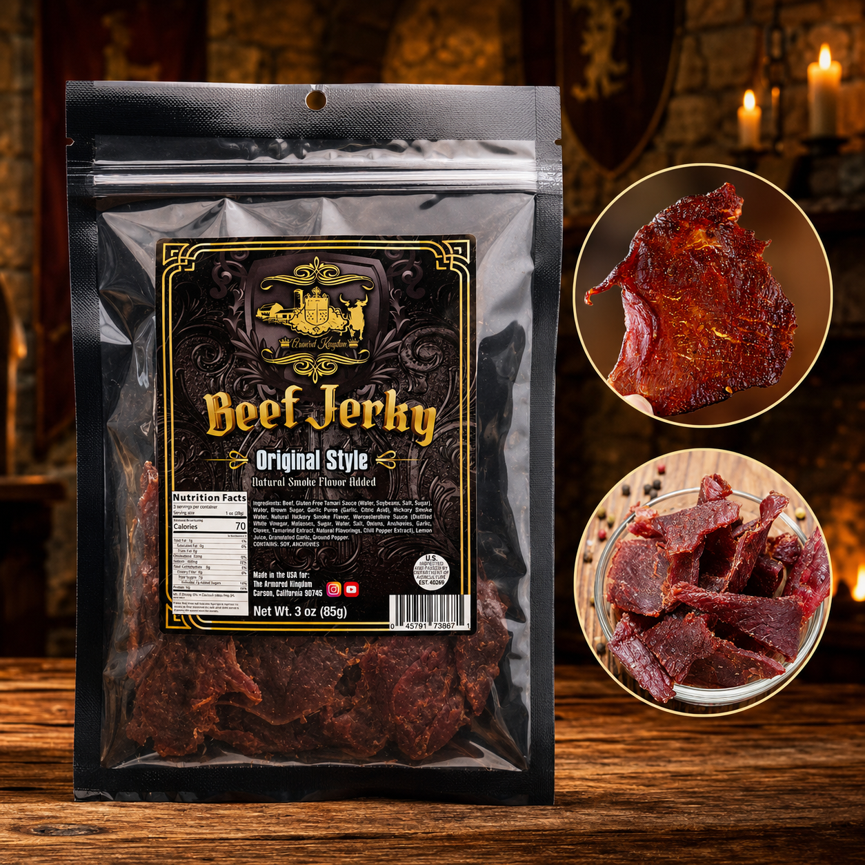 The Armored Kingdom Gourmet Original Style Jerky - Traditional & Savory-USA Made High Protein Dried Snack, 3oz Resealable Sharing Size Bag