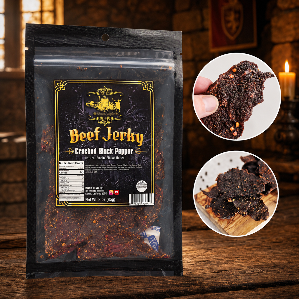 The Armored Kingdom Gourmet Cracked Black Pepper Beef Jerky-3oz-Savory High-Protein Snack, Resealable Bag, U.S.A. Inspected & Approved-Dried