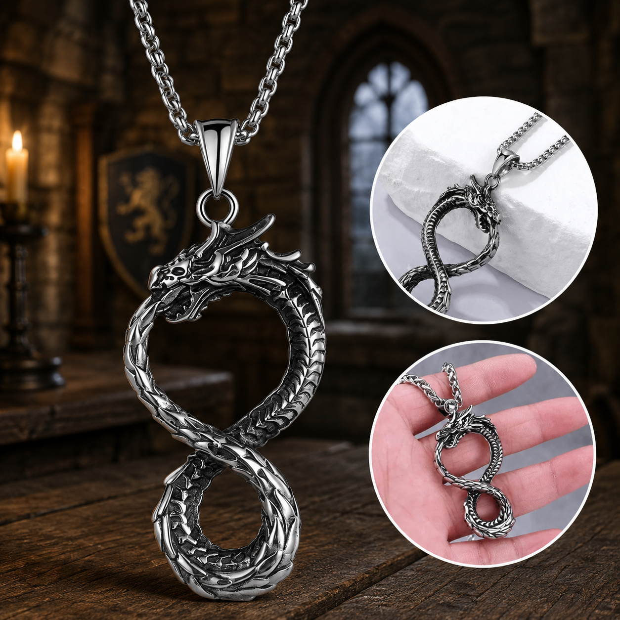 The Armored Kingdom Eternal Coil of the Dragon Necklace - Stainless Steel Pendant & Chain