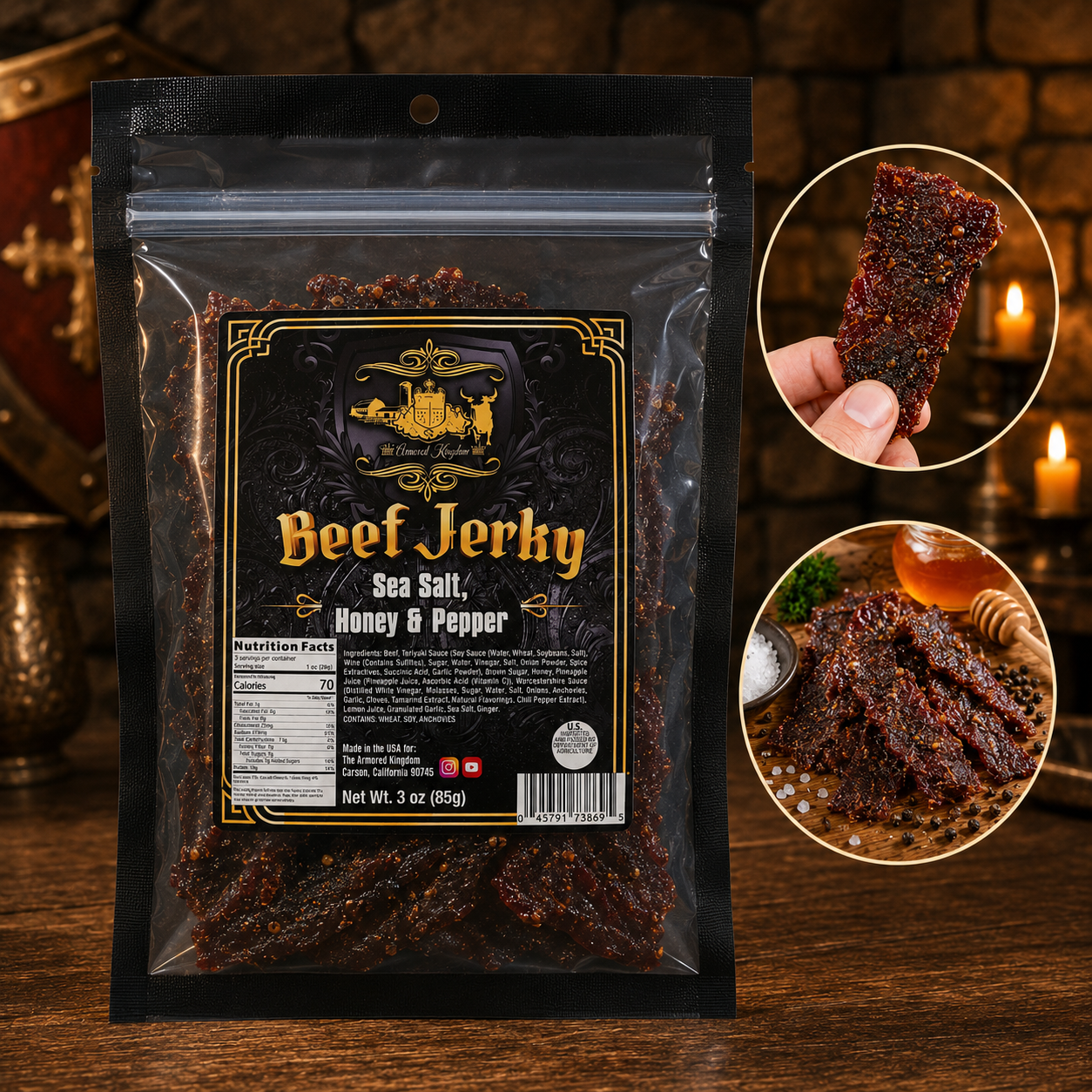 The Armored Kingdom Gourmet Sea Salt, Honey & Pepper Beef Jerky-3oz-protein dry snack