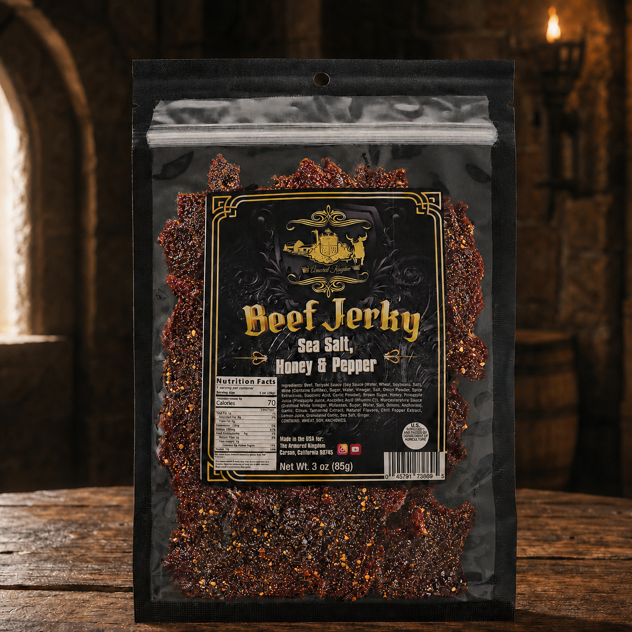 The Armored Kingdom Gourmet Sea Salt, Honey & Pepper Beef Jerky-3oz-protein dry snack