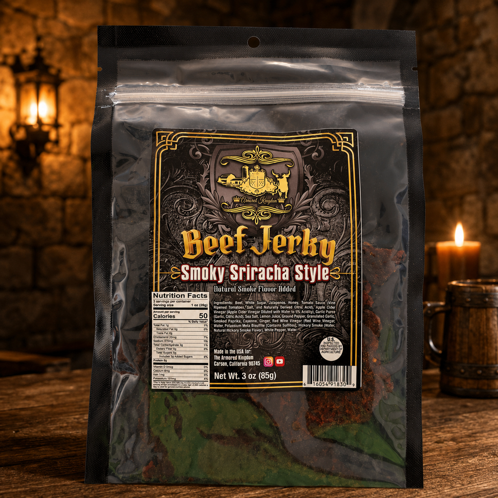 The Armored Kingdom Gourmet Smoky Sriracha Style Beef Jerky-3 oz Premium Beef Cuts-Bold Fiery-Protein Packed