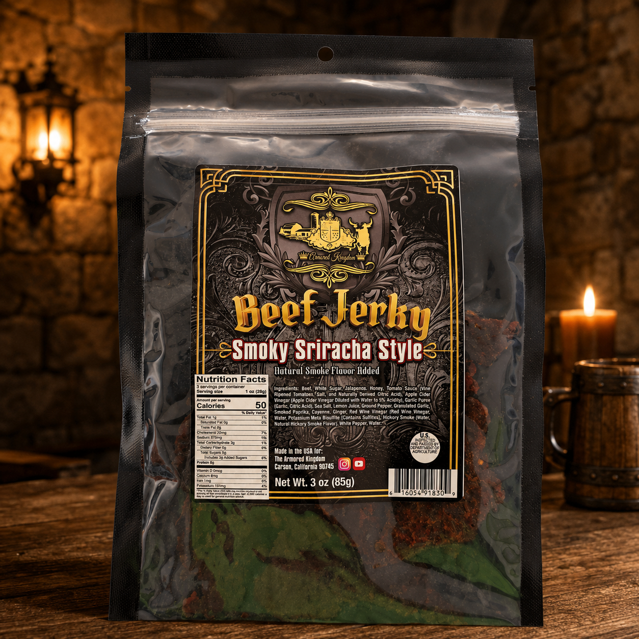 The Armored Kingdom Gourmet Smoky Sriracha Style Beef Jerky-3 oz Premium Beef Cuts-Bold Fiery-Protein Packed