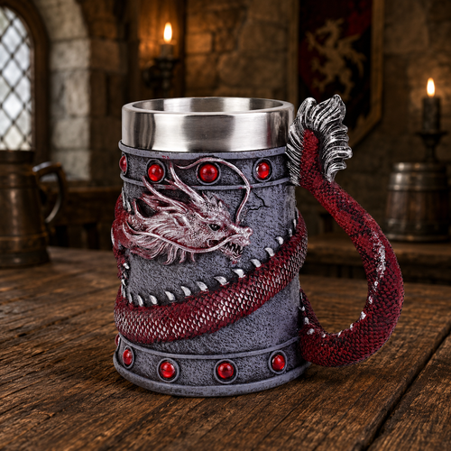 The Armored Kingdom Crimson Red Wrapped Dragon Mug-Eye Catching Design-Stainless Steel Interior