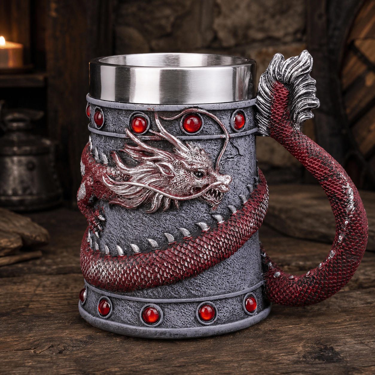 The Armored Kingdom Crimson Red Wrapped Dragon Mug-Eye Catching Design-Stainless Steel Interior