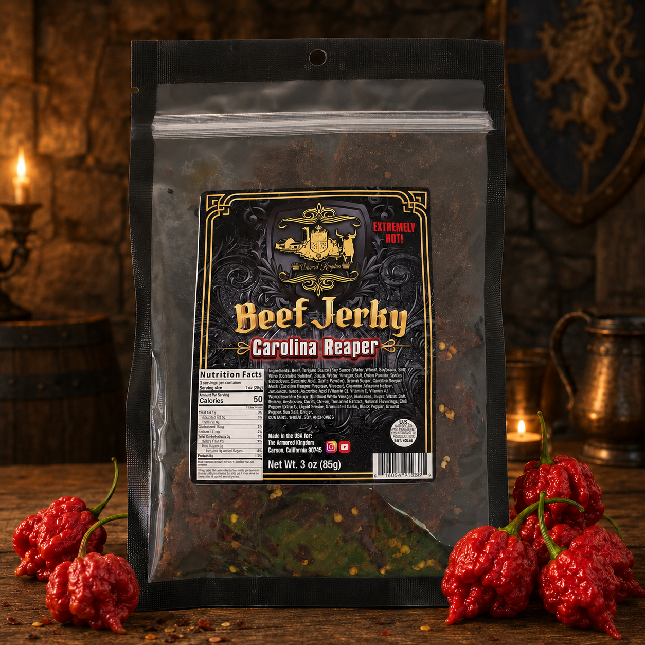 The Armored Kingdom Gourmet Carolina Reaper Beef Jerky-3oz-Super Hot-USA Inspected- Protein Dried Snack