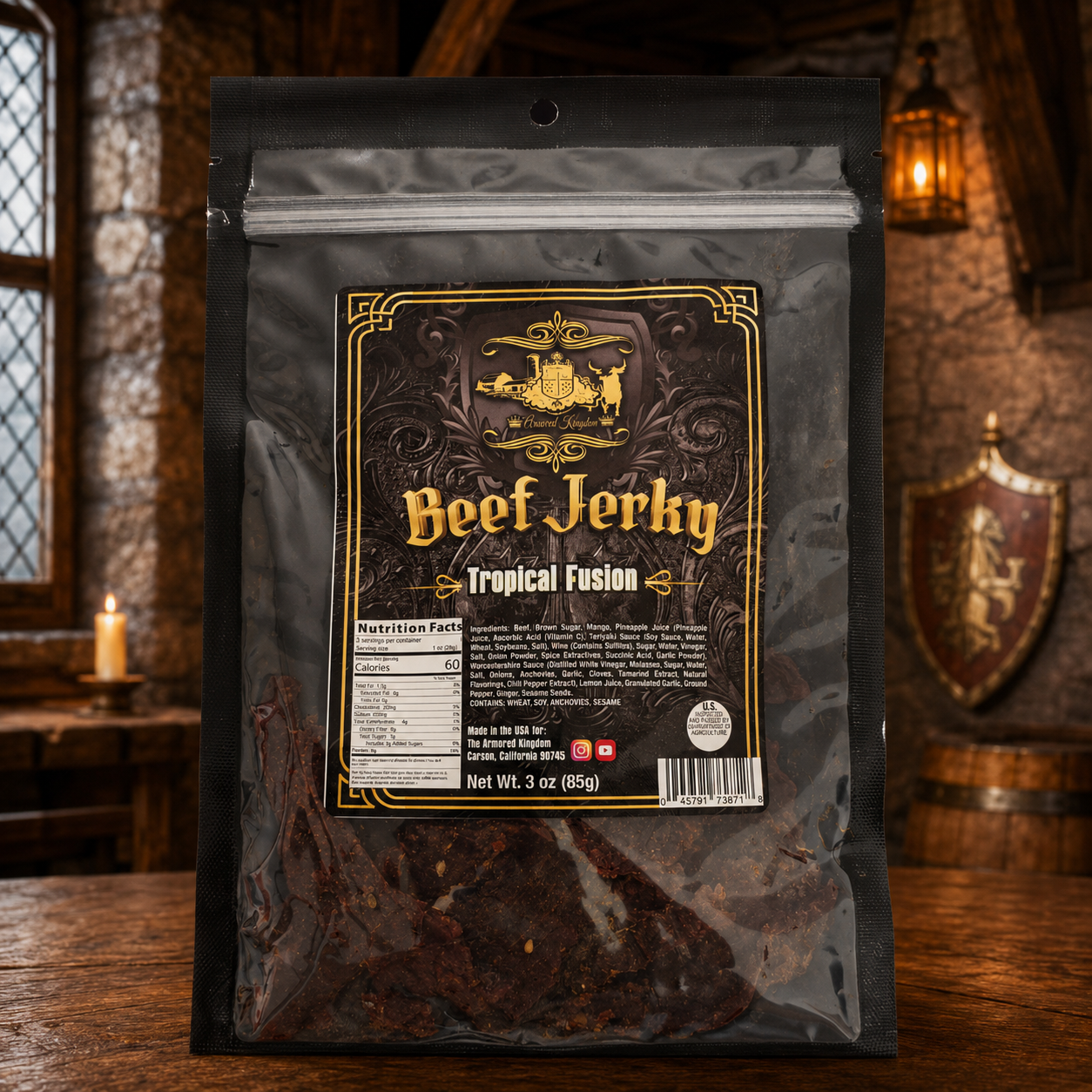 The Armored Kingdom Gourmet Tropical Fusion Beef Jerky-3oz-High-Protein Dried Meat Snack-USDA Certified
