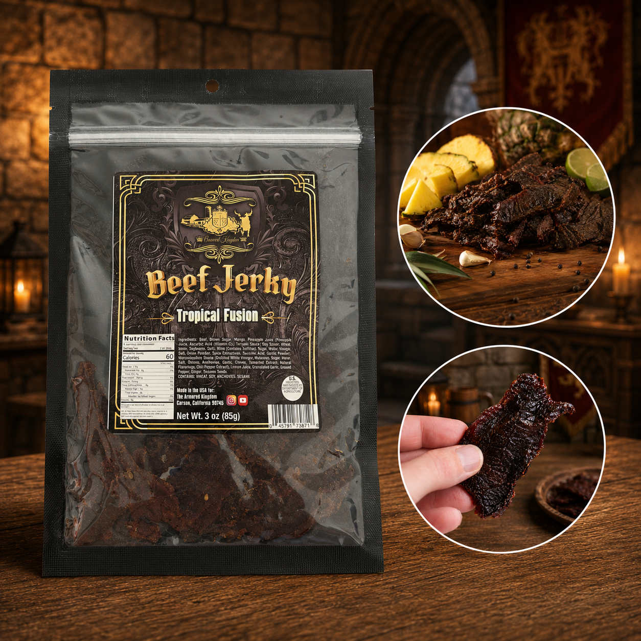 The Armored Kingdom Gourmet Tropical Fusion Beef Jerky-3oz-High-Protein Dried Meat Snack-USDA Certified