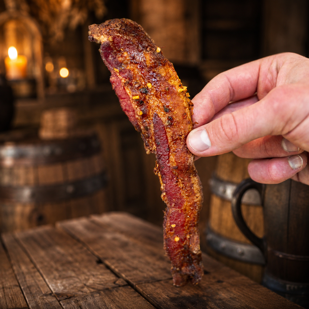 The Armored Kingdom Gourmet Old Fashioned Maple Bacon Jerky-Protein-Rich Pork Snack with Bold Spices