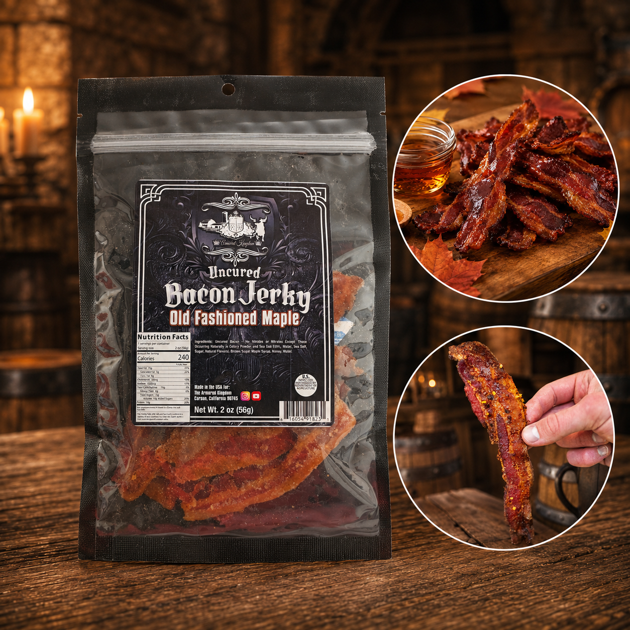 The Armored Kingdom Gourmet Old Fashioned Maple Bacon Jerky-Protein-Rich Pork Snack with Bold Spices