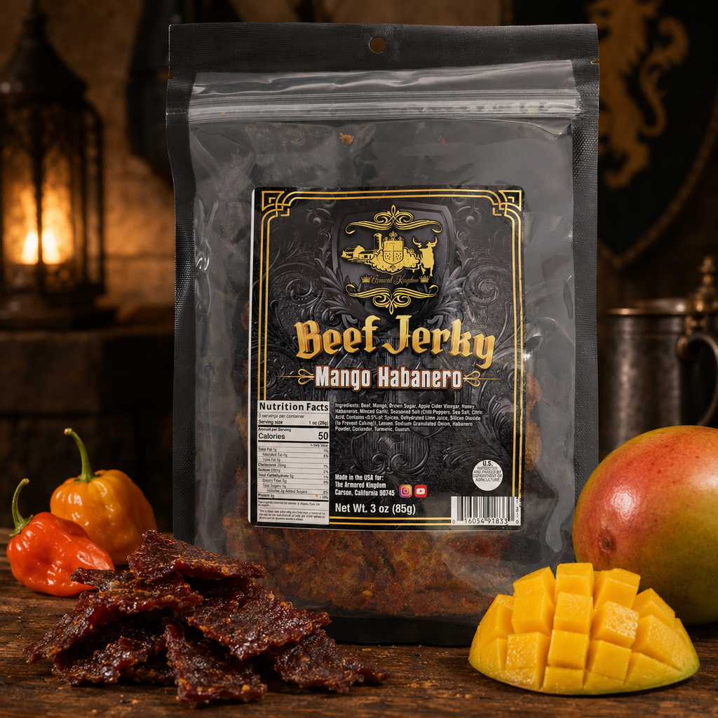 The Armored Kingdom Gourmet Mango Habanero Beef Jerky-3oz High Protein Spicy Dried Meat Snacks , Real Mango Fruit Used, High Protein Snack, Dry