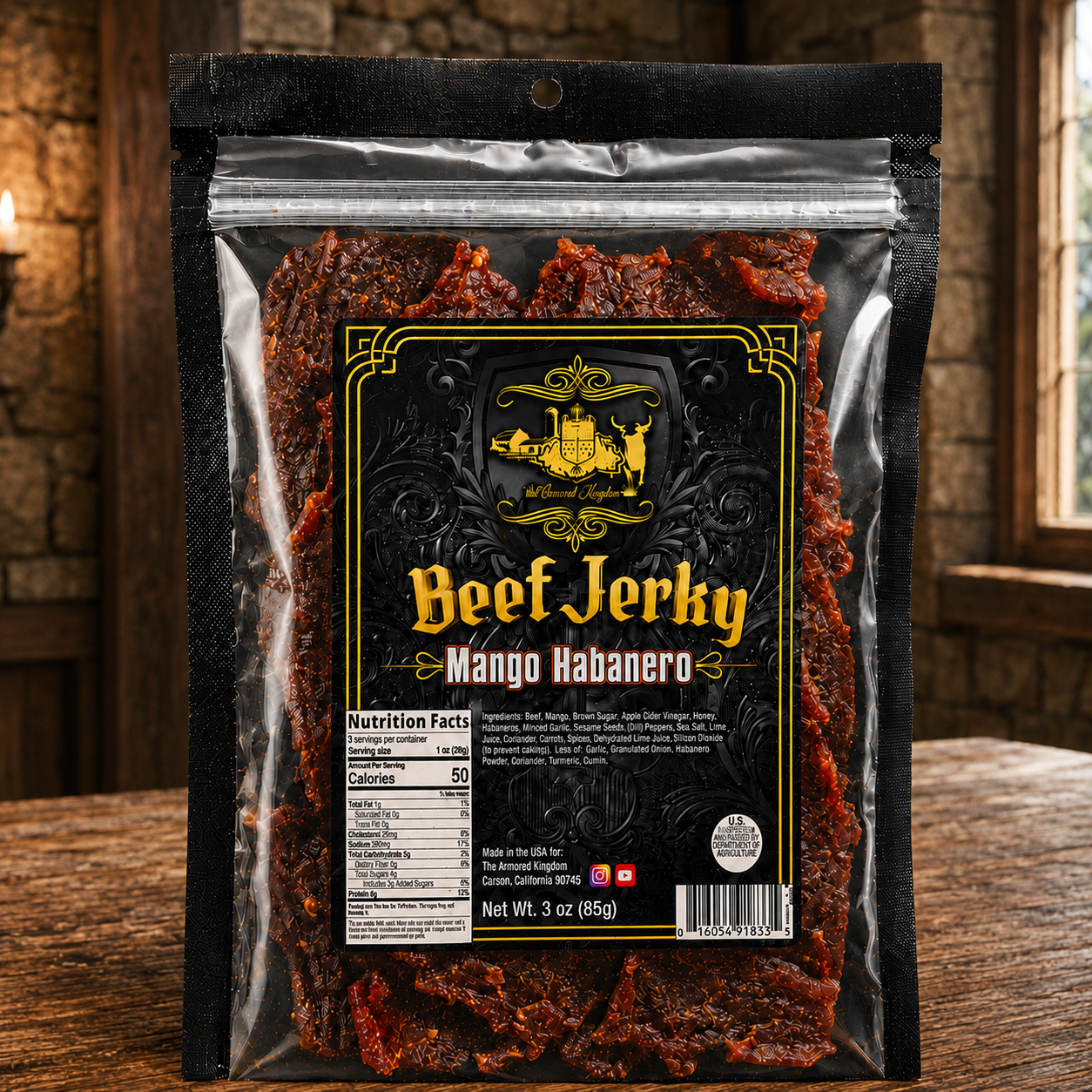 The Armored Kingdom Gourmet Mango Habanero Beef Jerky-3oz High Protein Spicy Dried Meat Snacks , Real Mango Fruit Used, High Protein Snack, Dry