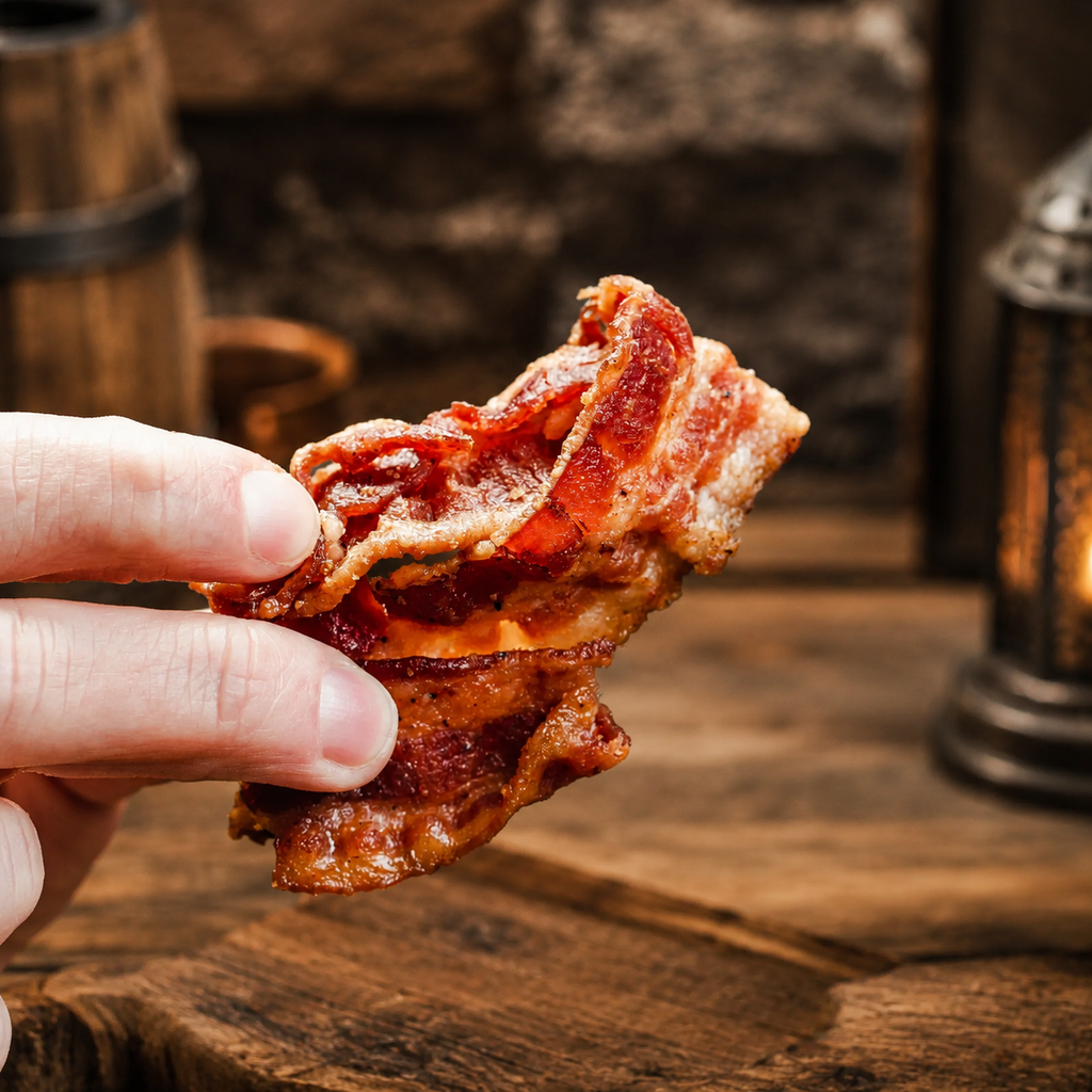 The Armored Kingdom Gourmet Applewood Smoke Style Bacon Jerky Bag-USA Made-Delicious Protein Snack-Ready to Eat Tender Snack-Premium Bacon