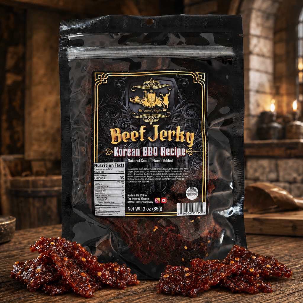 The Armored Kingdom Gourmet Korean BBQ Recipe Beef Jerky-3oz Dried Snack-Smoky-Sweet Fusion Flavor-Tender Texture-High Protein