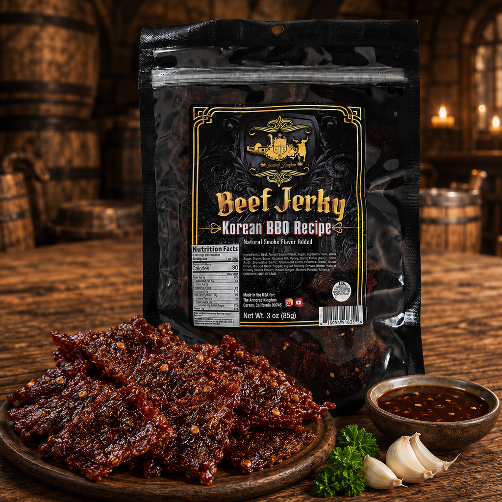 The Armored Kingdom Gourmet Korean BBQ Recipe Beef Jerky-3oz Dried Snack-Smoky-Sweet Fusion Flavor-Tender Texture-High Protein