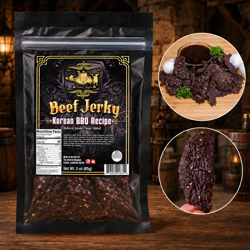 The Armored Kingdom Gourmet Korean BBQ Recipe Beef Jerky-3oz Dried Snack-Smoky-Sweet Fusion Flavor-Tender Texture-High Protein