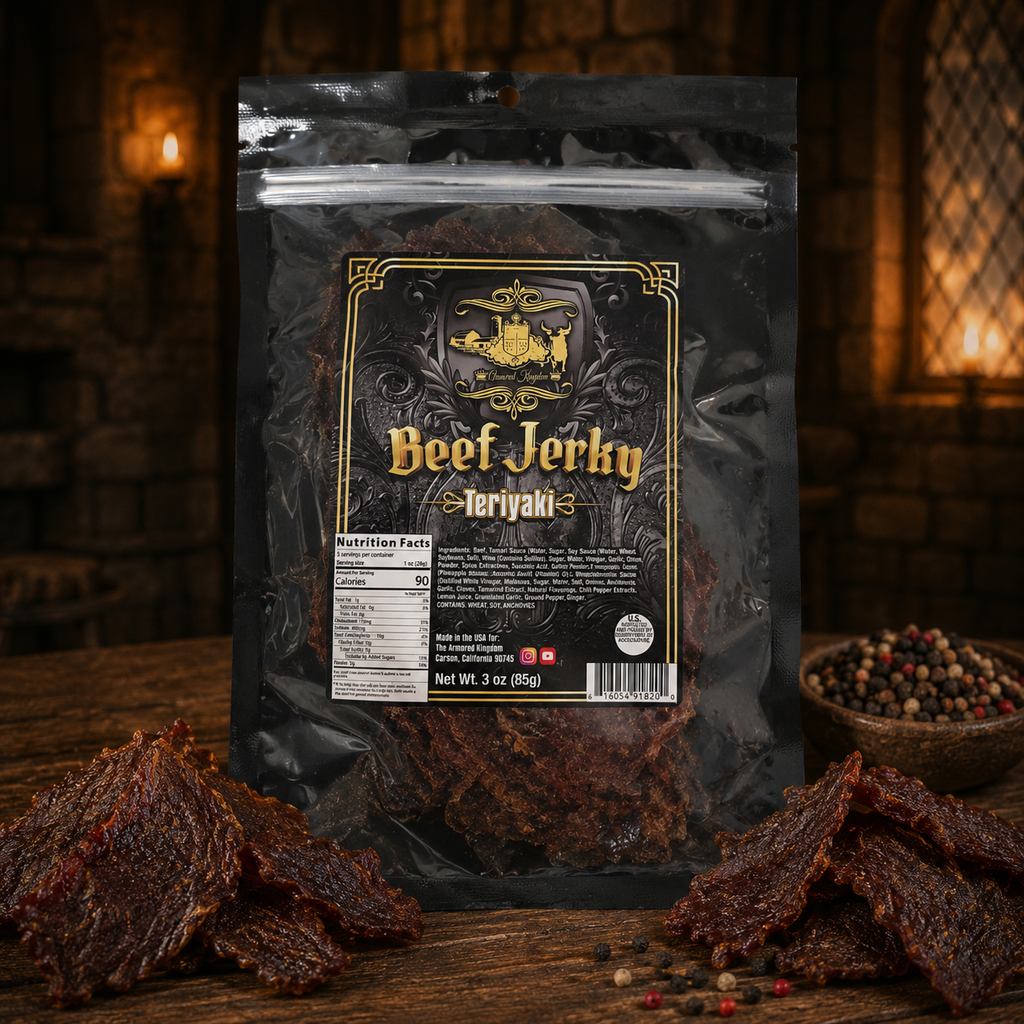 The Armored Kingdom Gourmet Teriyaki Flavor Beef Jerky Snack-Dried Meat Snack for On the Go-Protein Snack-Savory