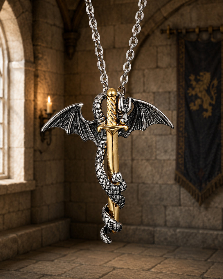 The Armored Kingdom Golden Blade of the Dragonlord Necklace-Stainless Steel