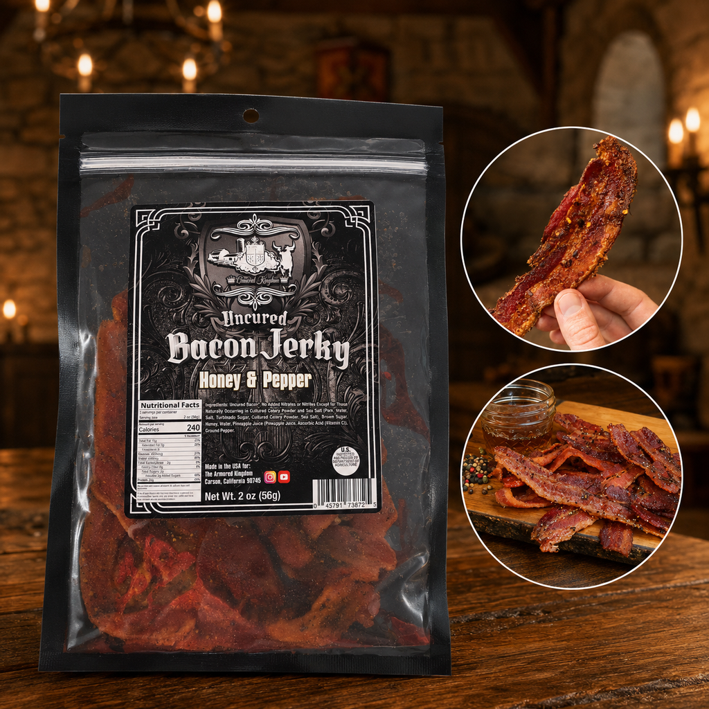 The Armored Kingdom Gourmet Honey & Pepper Bacon Jerky- USA Made-Dried Pork Snack-Slow cured and Smoked