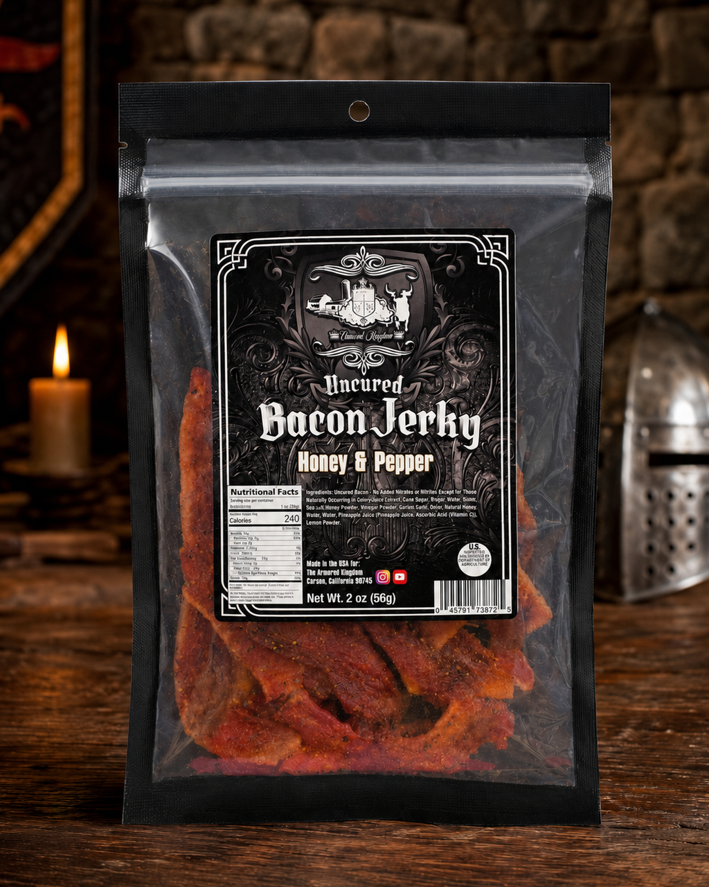 The Armored Kingdom Gourmet Honey & Pepper Bacon Jerky- USA Made-Dried Pork Snack-Slow cured and Smoked