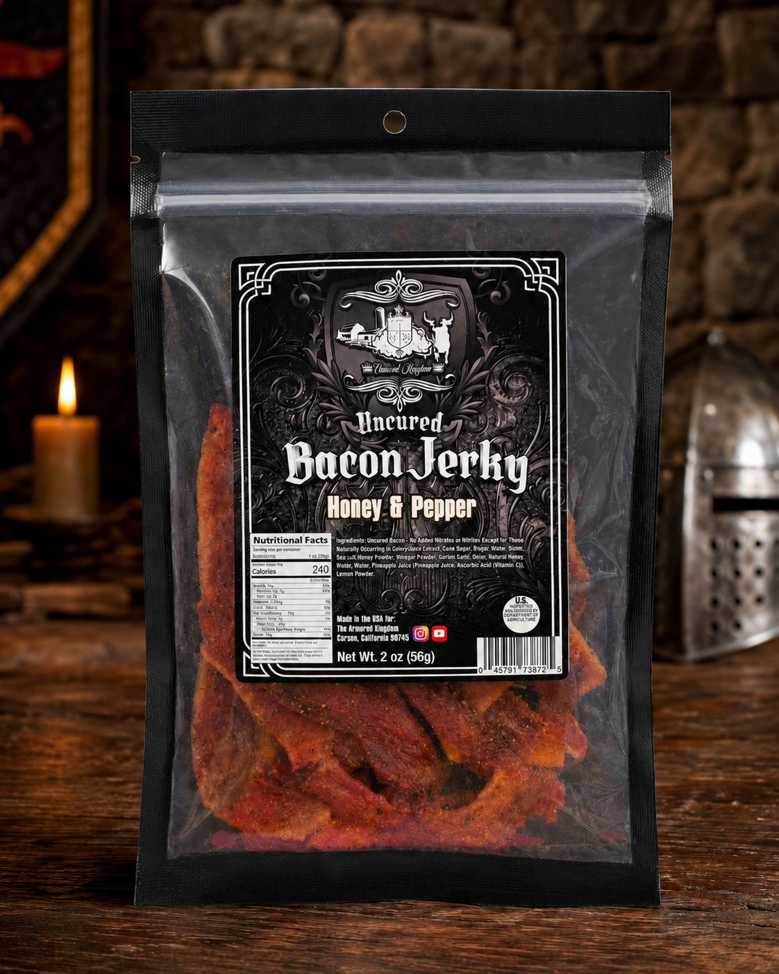 The Armored Kingdom Gourmet Honey & Pepper Bacon Jerky- USA Made-Dried Pork Snack-Slow cured and Smoked