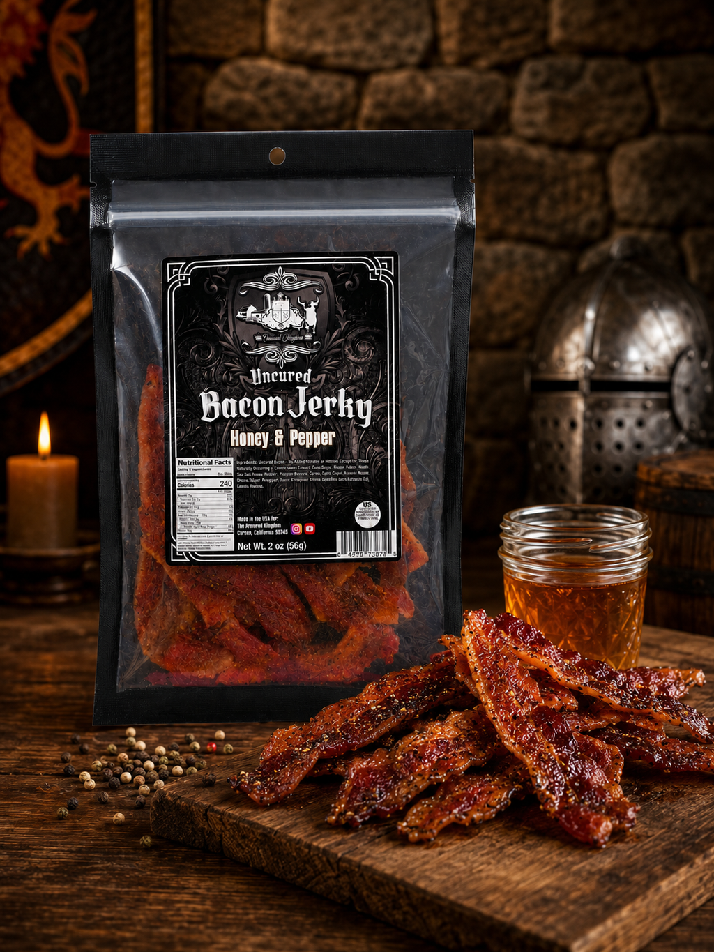 The Armored Kingdom Gourmet Honey & Pepper Bacon Jerky- USA Made-Dried Pork Snack-Slow cured and Smoked