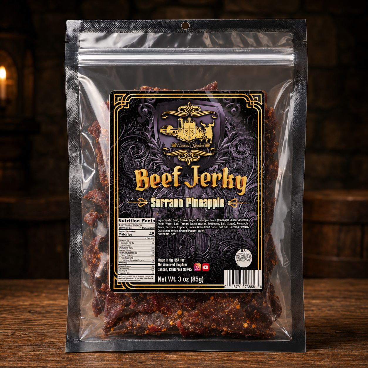 The Armored Kingdom Gourmet Serrano Pineapple Beef Jerky-USA Made-Dried Meat-Protein Snack