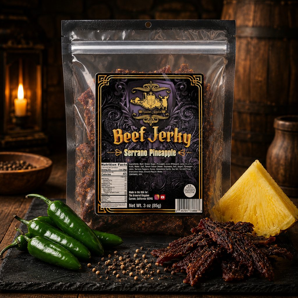 The Armored Kingdom Gourmet Serrano Pineapple Beef Jerky-USA Made-Dried Meat-Protein Snack