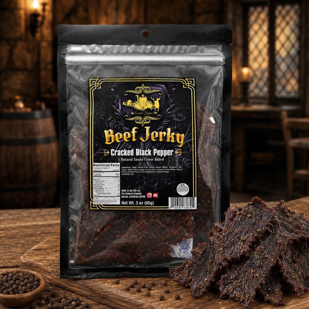 The Armored Kingdom Gourmet Cracked Black Pepper Beef Jerky-3oz-Savory High-Protein Snack, Resealable Bag, U.S.A. Inspected & Approved-Dried