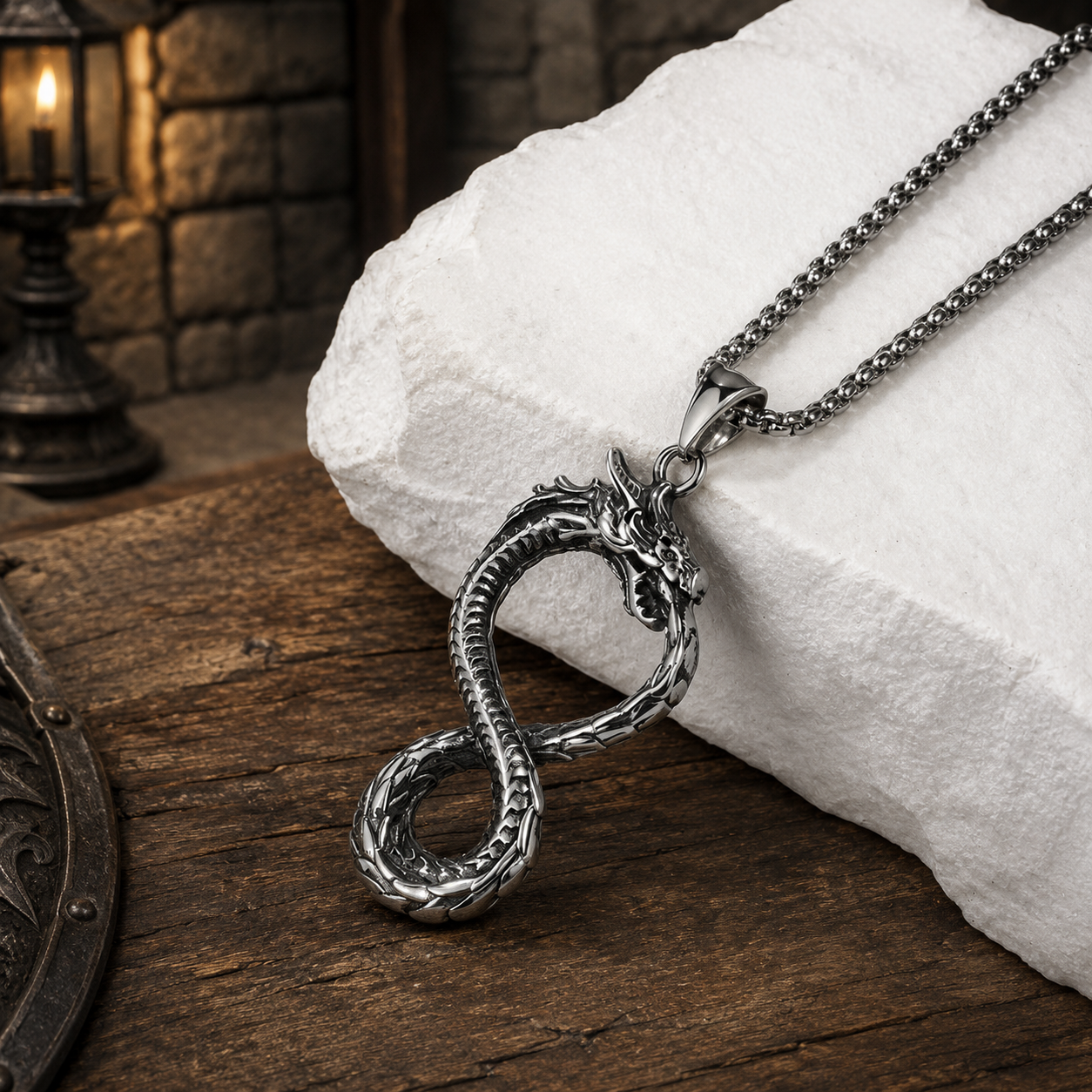 The Armored Kingdom Eternal Coil of the Dragon Necklace - Stainless Steel Pendant & Chain