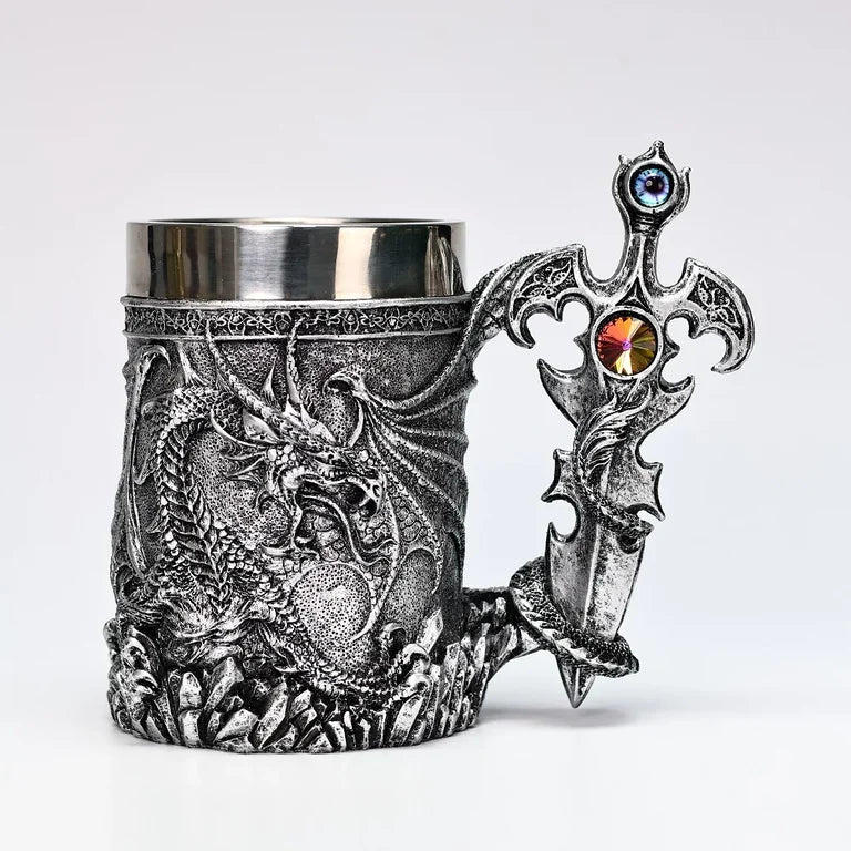 The Armored Kingdom Silver Sentinel Dragon Mug-Fantasy-Gothic-Regal-Stainless Steel