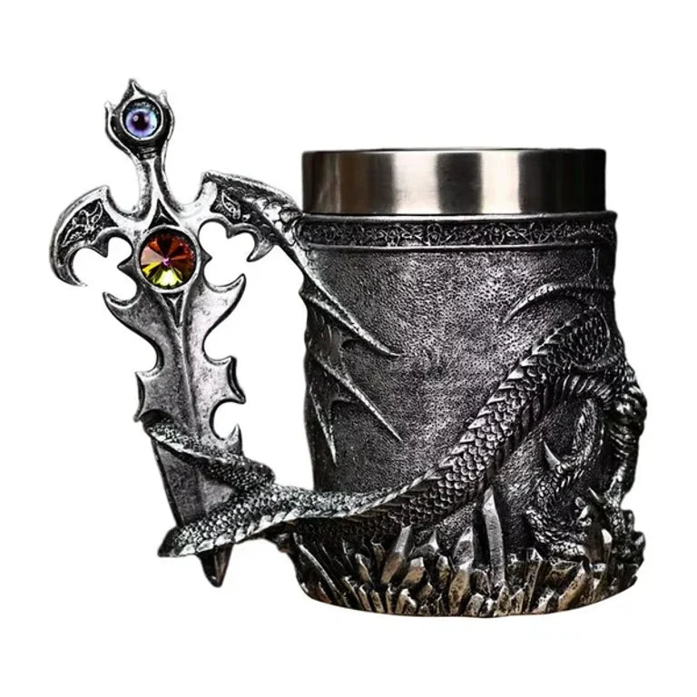The Armored Kingdom Silver Sentinel Dragon Mug-Fantasy-Gothic-Regal-Stainless Steel