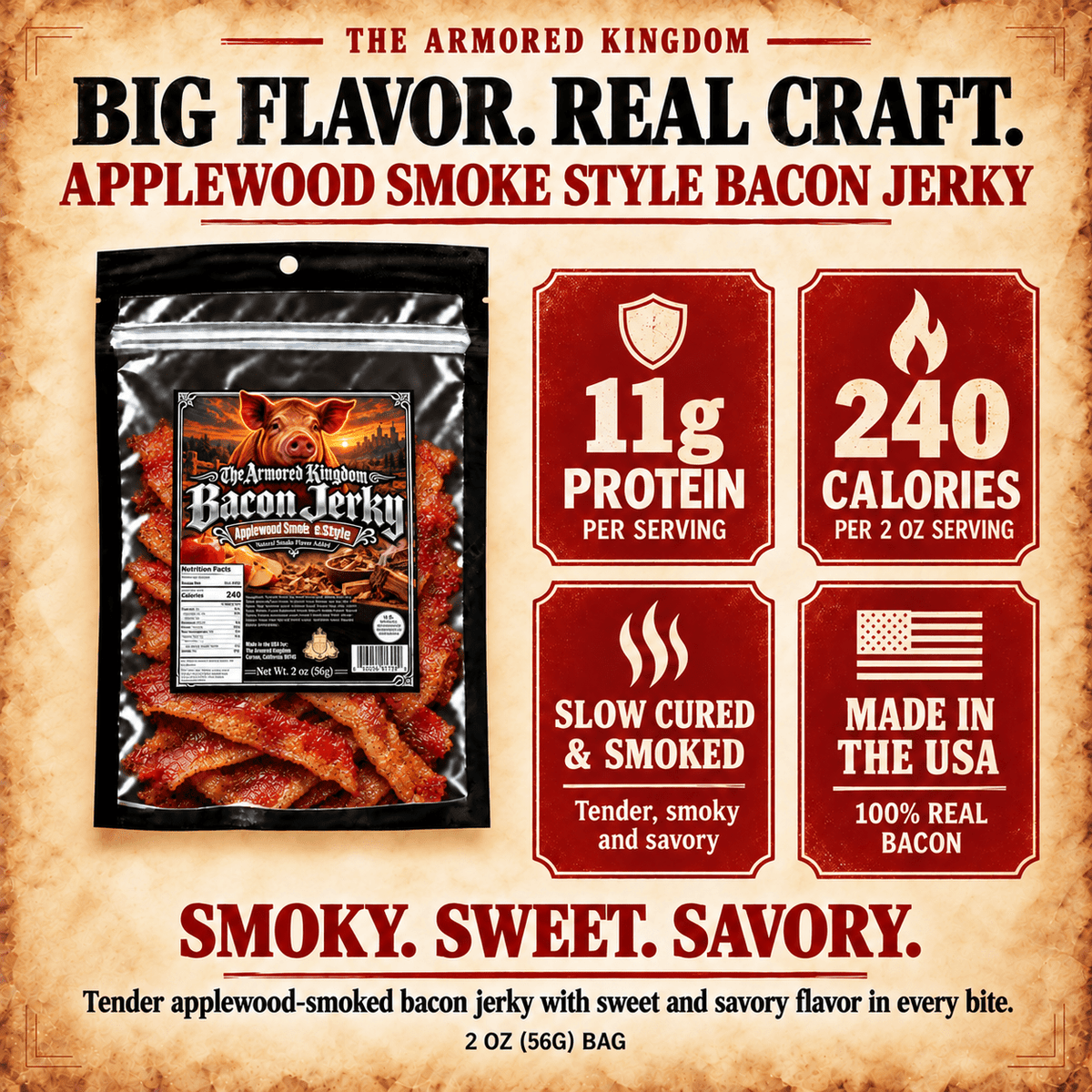 Applewood Smoke Style Gourmet Bacon Jerky by The Armored Kingdom Jerky-USA Made-Delicious Protein Snack-Ready to Eat Tender Snack-Premium Bacon-The Armored Kingdom - The Armored Kingdom