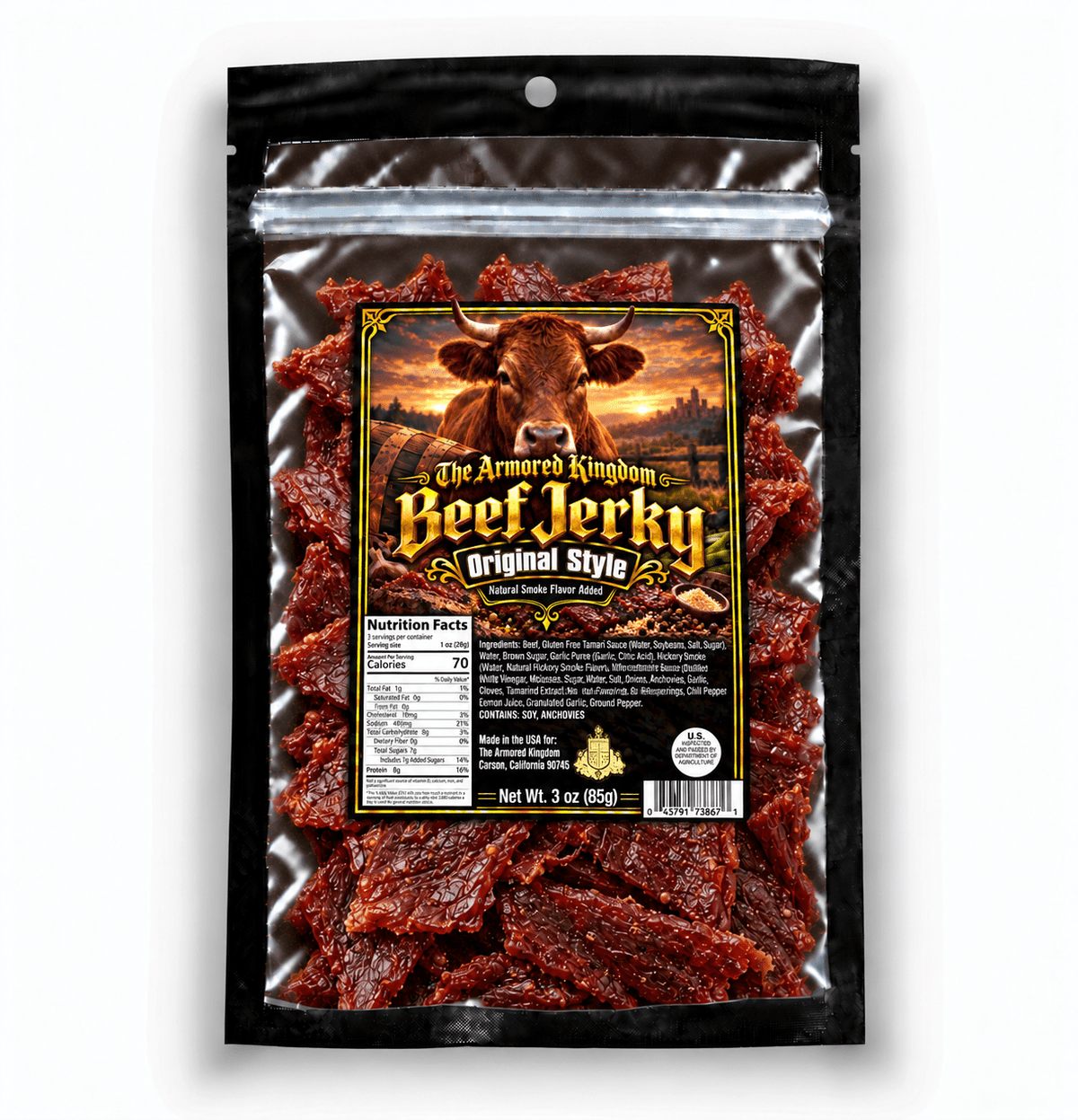 Classic Original Style Gourmet Beef Jerky by The Armored Kingdom Jerky-3oz-Traditional & Savory-USA Made High Protein Dried Snack-Resealable Sharing Size Bag-The Armored Kingdom - The Armored Kingdom