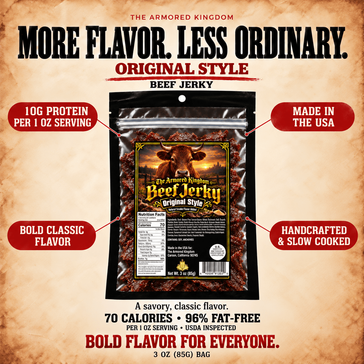 Classic Original Style Gourmet Beef Jerky by The Armored Kingdom Jerky-3oz-Traditional & Savory-USA Made High Protein Dried Snack-Resealable Sharing Size Bag-The Armored Kingdom - The Armored Kingdom