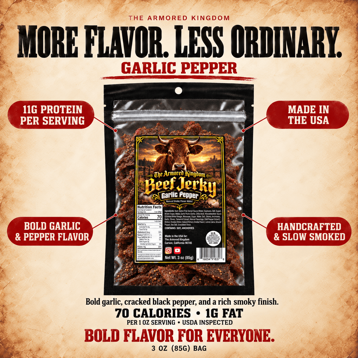 Garlic Pepper Gourmet Beef Jerky by The Armored Kingdom Jerky-3oz of Delicious Protein Filled Snack- Dried Snack-Meat-The Armored Kingdom - The Armored Kingdom