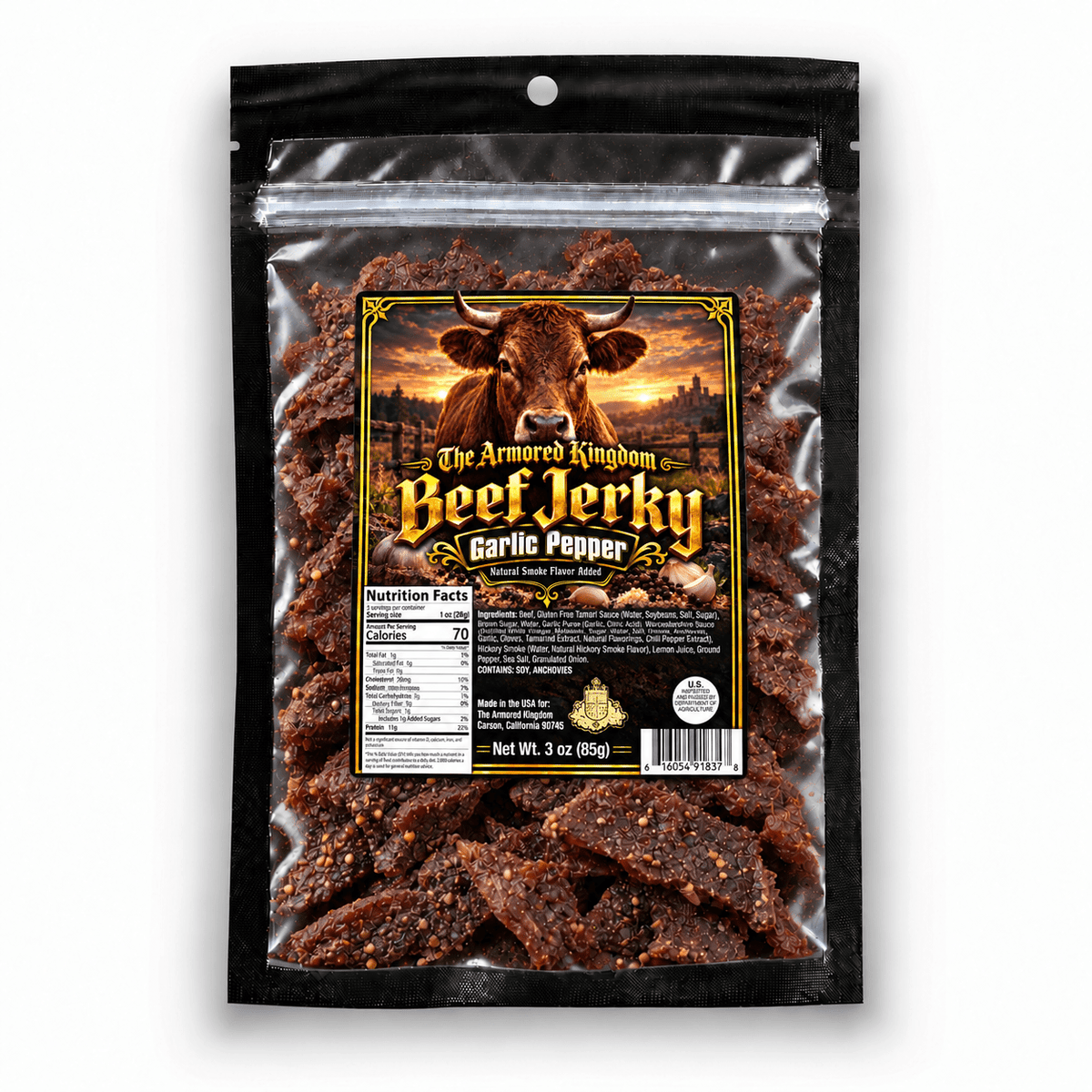 Garlic Pepper Gourmet Beef Jerky by The Armored Kingdom Jerky-3oz of Delicious Protein Filled Snack- Dried Snack-Meat-The Armored Kingdom - The Armored Kingdom