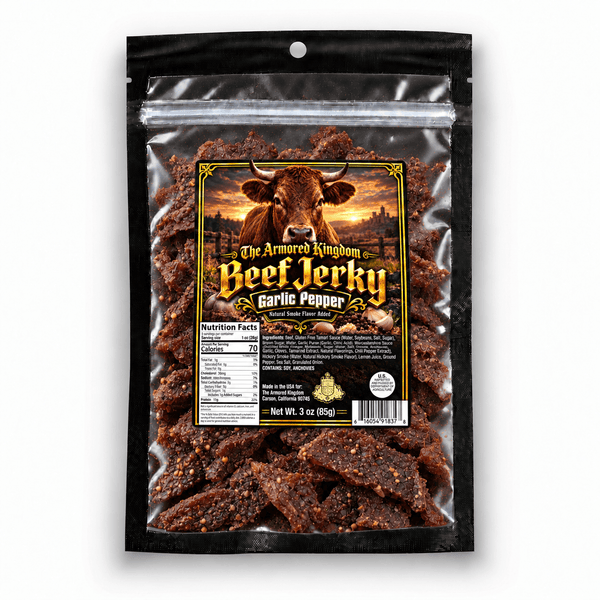 Garlic Pepper Gourmet Beef Jerky by The Armored Kingdom Jerky-3oz of Delicious Protein Filled Snack- Dried Snack-Meat-The Armored Kingdom - The Armored Kingdom