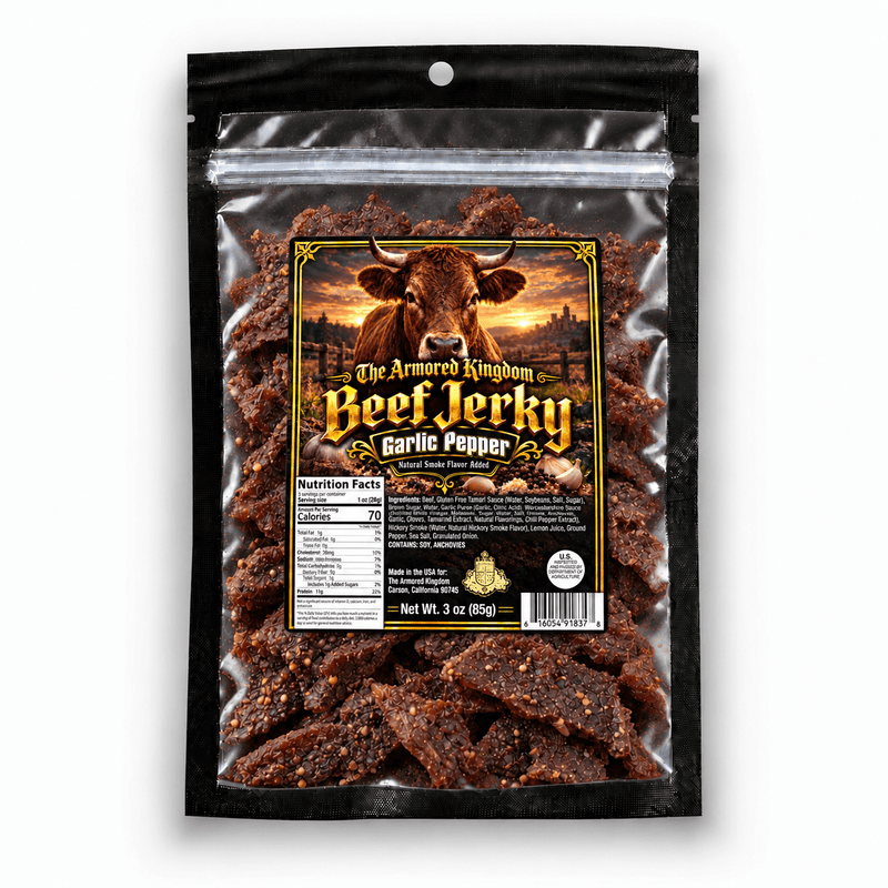 Garlic Pepper Gourmet Beef Jerky by The Armored Kingdom Jerky-3oz of Delicious Protein Filled Snack- Dried Snack-Meat-The Armored Kingdom - The Armored Kingdom