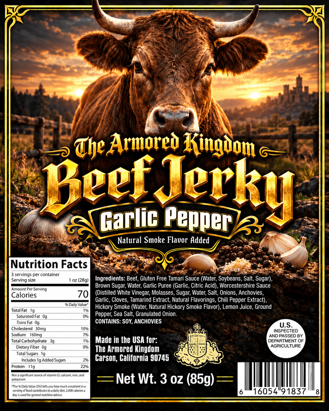 Garlic Pepper Gourmet Beef Jerky by The Armored Kingdom Jerky-3oz of Delicious Protein Filled Snack- Dried Snack-Meat-The Armored Kingdom - The Armored Kingdom