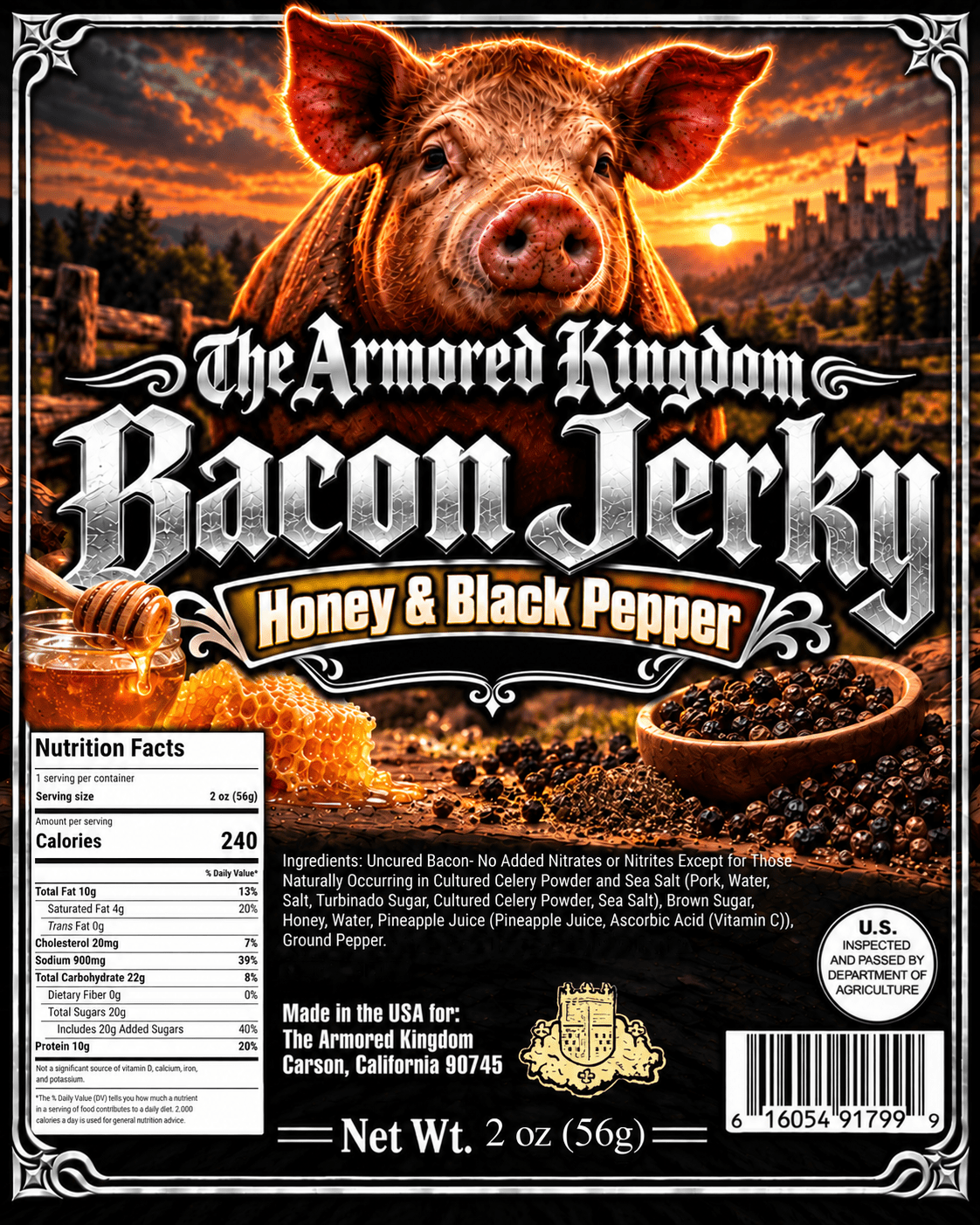 Honey & Black Pepper Gourmet Bacon Jerky by The Armored Kingdom Jerky-USA Made-Dried Pork Snack-Slow cured and Smoked-The Armored Kingdom Jerky - The Armored Kingdom