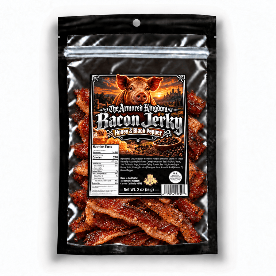 Honey & Black Pepper Gourmet Bacon Jerky by The Armored Kingdom Jerky-USA Made-Dried Pork Snack-Slow cured and Smoked-The Armored Kingdom Jerky - The Armored Kingdom